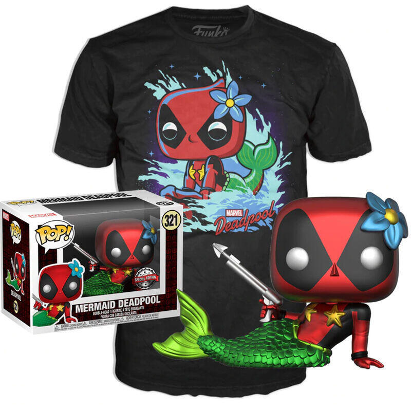 Set Figura Pop & Tee Marvel Deadpool Mermaid Exclusive Tamaño M