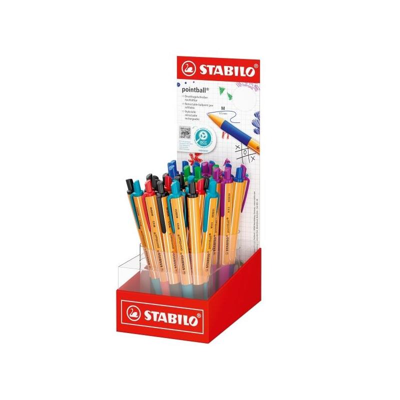 Stabilo Pointball Expositor With 38 Pens Retractiles - Punta 1MM - Ink With Base Oil - Rechargeable - 87%