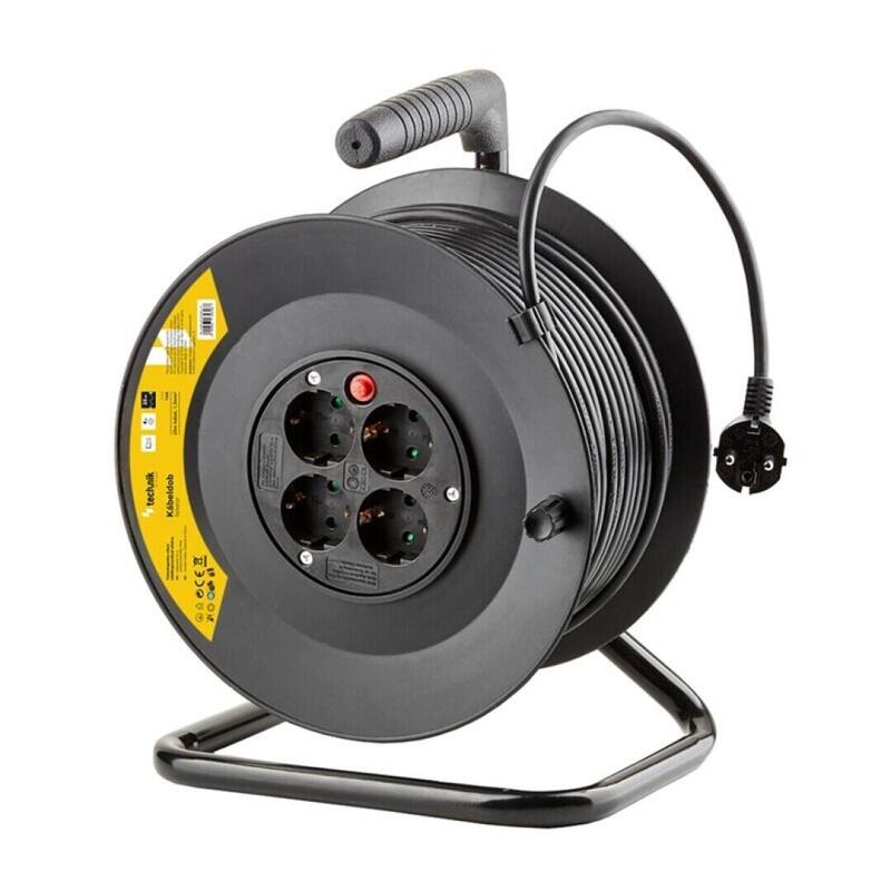 Technik Enrollacable 4 Sockets 25M Black + Switch