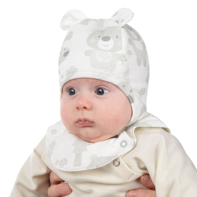 White and Beige Bear-Print Cotton Baby Balaclava